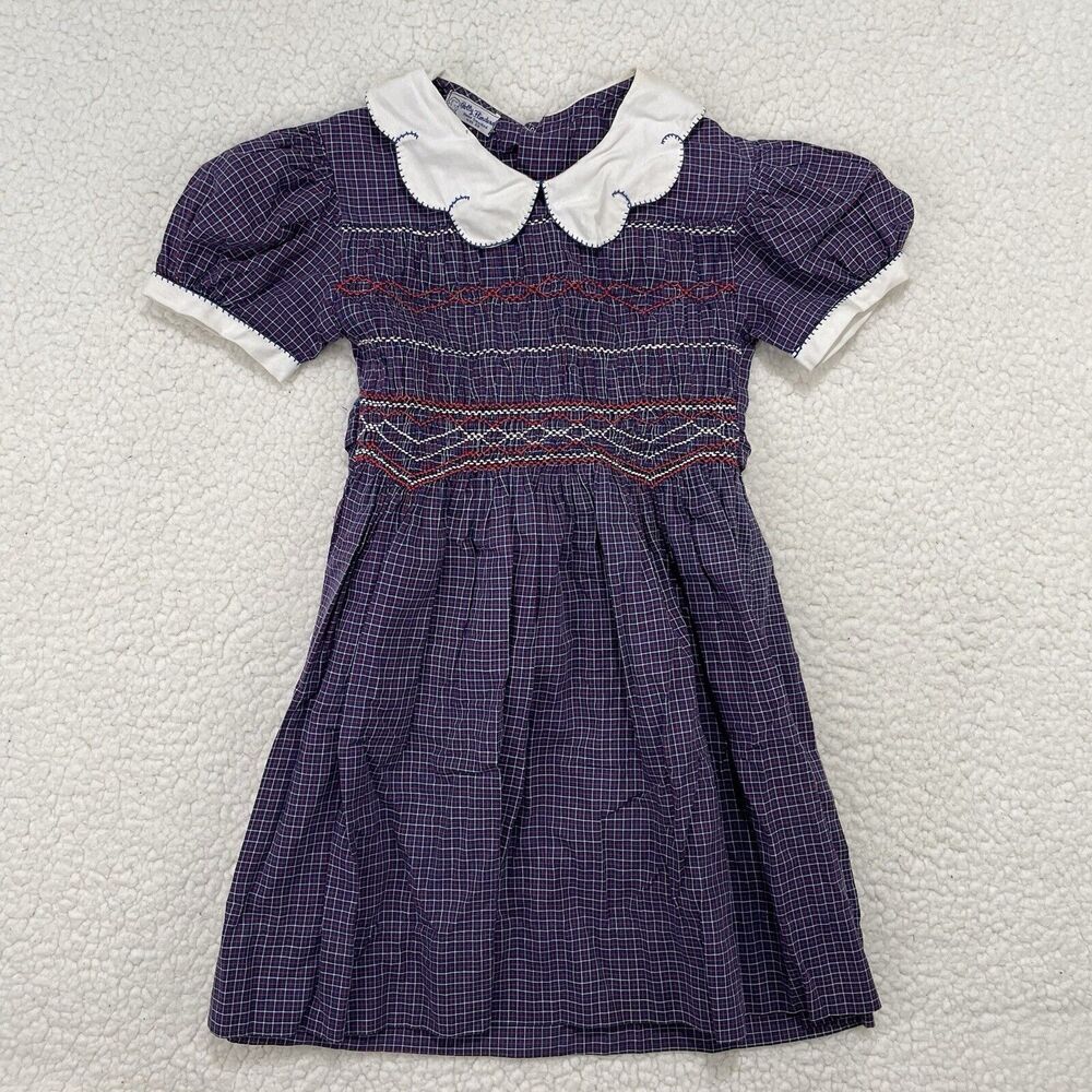 Vintage Polly Flinders Hand Smocked Plaid Dress Girls 6X Red Blue Short Sleeve